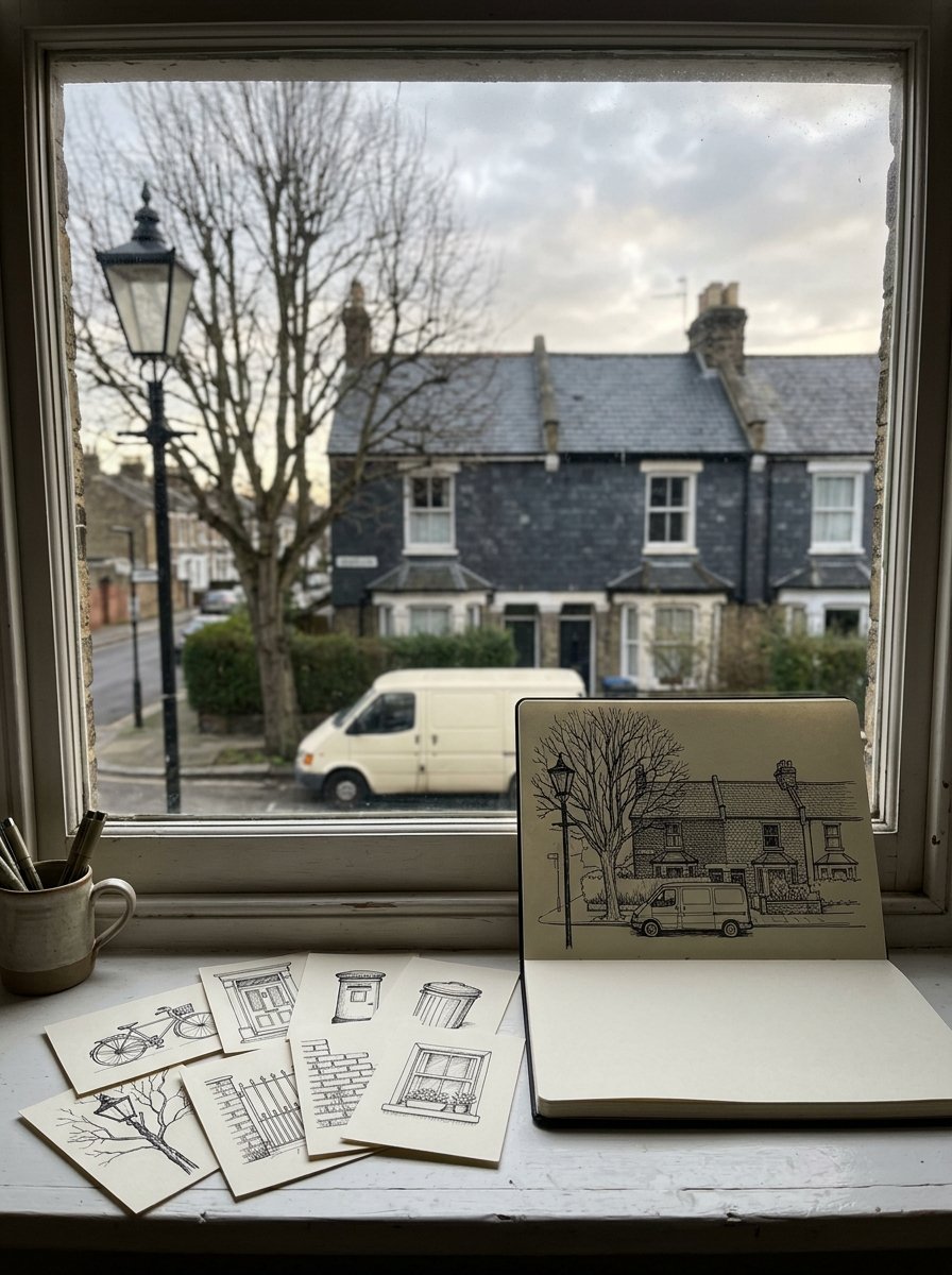 Urban sketching for beginners: a sketchbook on a kitchen windowsill showing the same street that is visible through the glass