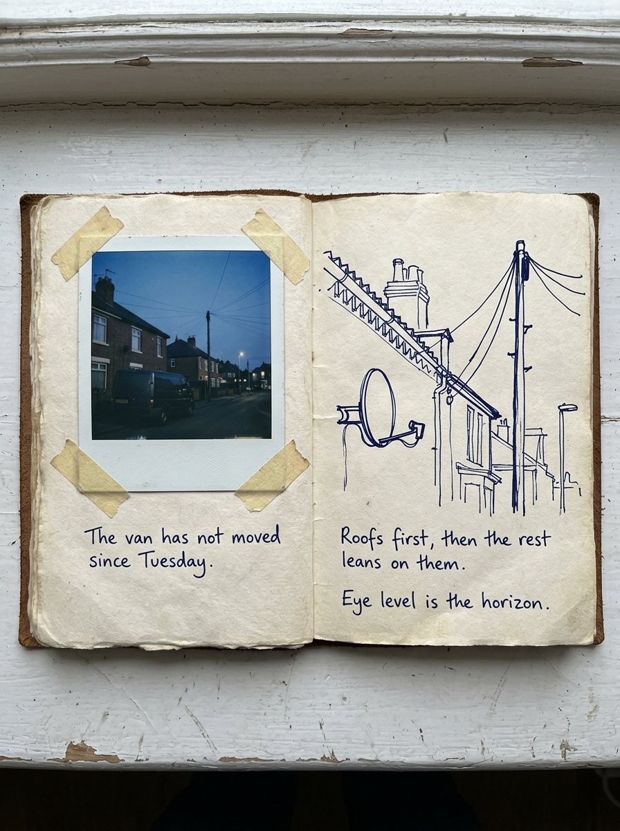 Urban sketching for beginners: an open street notebook on a windowsill with ink drawings of a roofline, a chimney pot and a lamppost