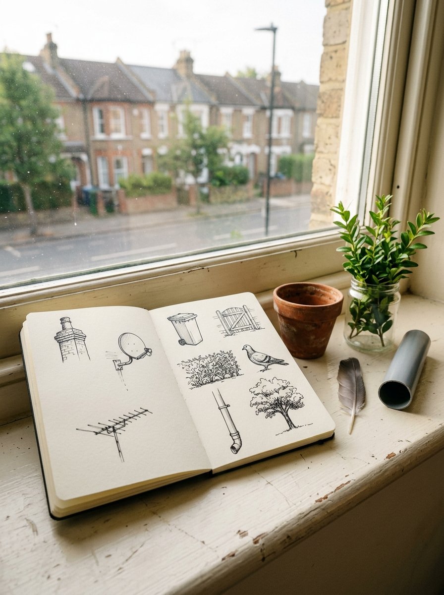 Urban sketching for beginners: an open sketchbook on a windowsill with 9 small ink drawings of street objects beside the real things