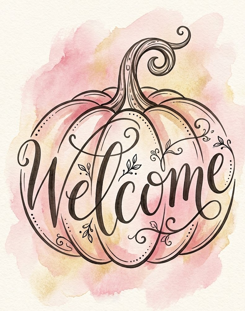 The word Welcome lettered round a pumpkin with small leaves and dots