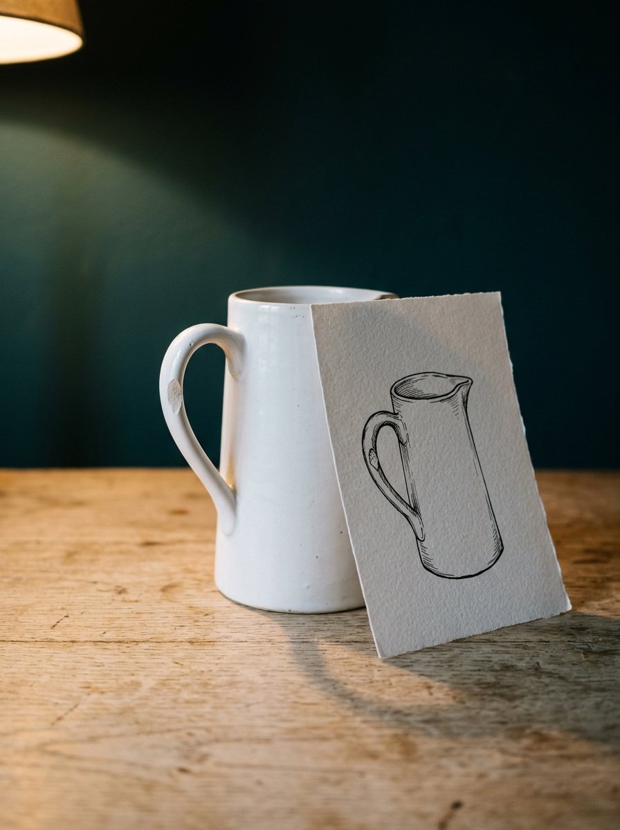 A white jug on an oak table with its own fineliner portrait propped against it