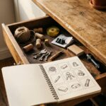 An open kitchen drawer of ordinary household objects with a sketchbook lying across it, answering what to draw in your sketchbook