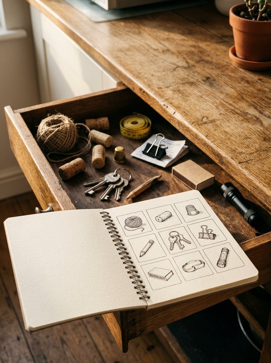 An open kitchen drawer of ordinary household objects with a sketchbook lying across it, answering what to draw in your sketchbook