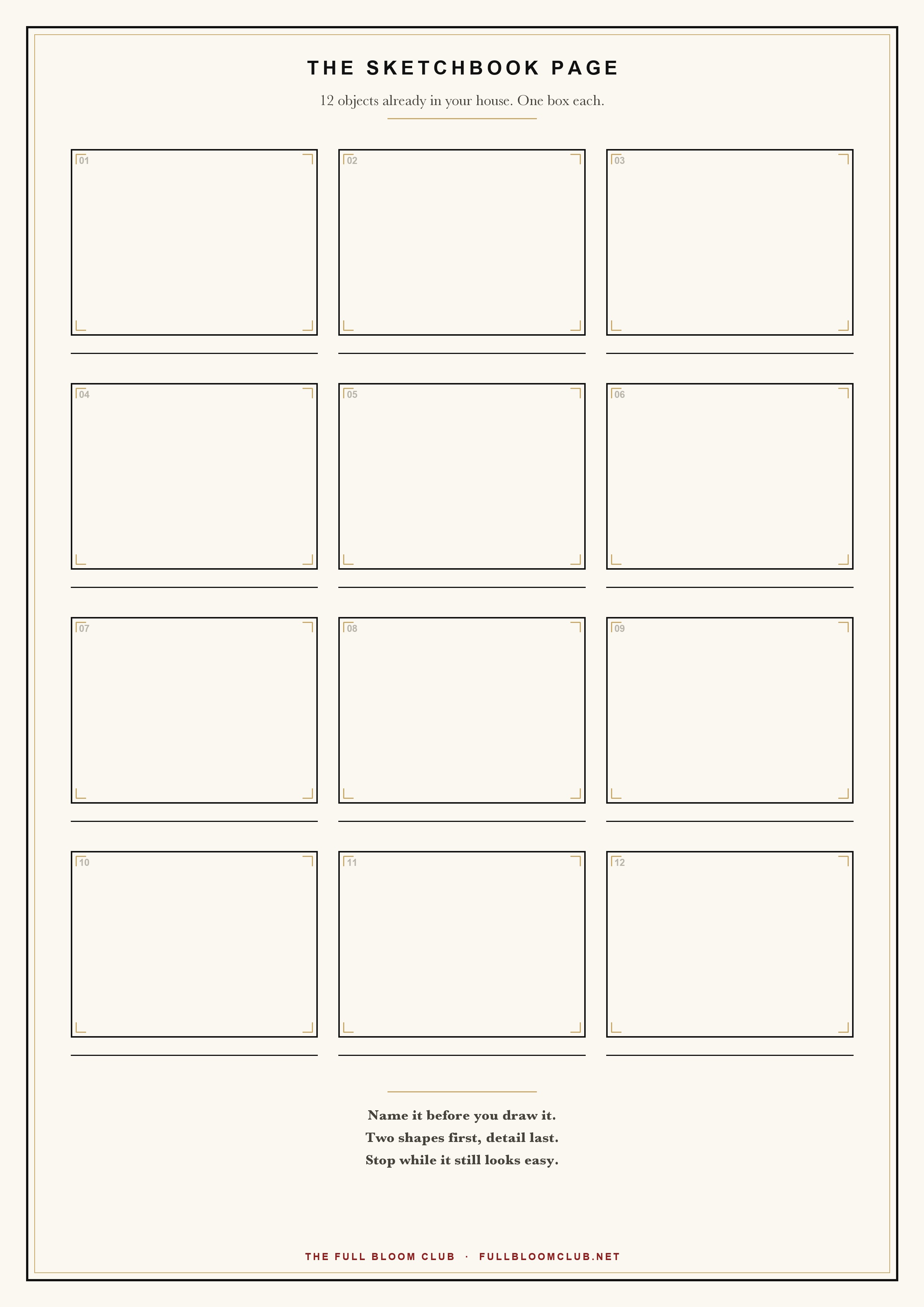 Free sketchbook page printable: 12 empty boxes with a ruled name line under each, for deciding what to draw in your sketchbook