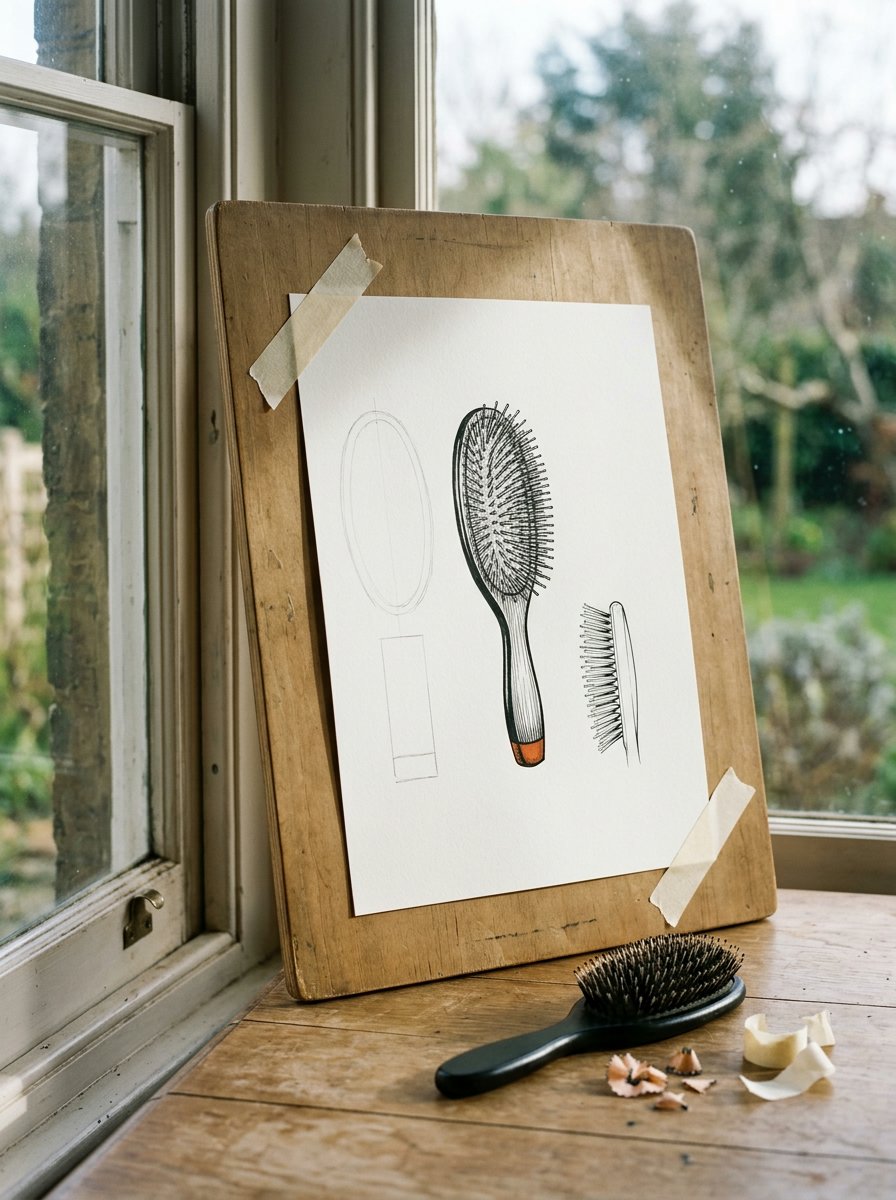 A hairbrush built from two pencil shapes and finished in ink on a board at a window, the real brush beside it