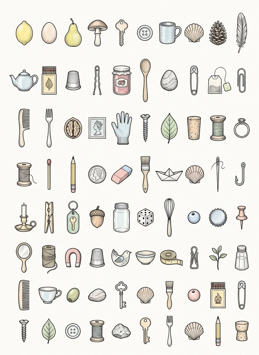 An index grid of tiny ink drawings of household objects, a visual answer to what to draw in your sketchbook