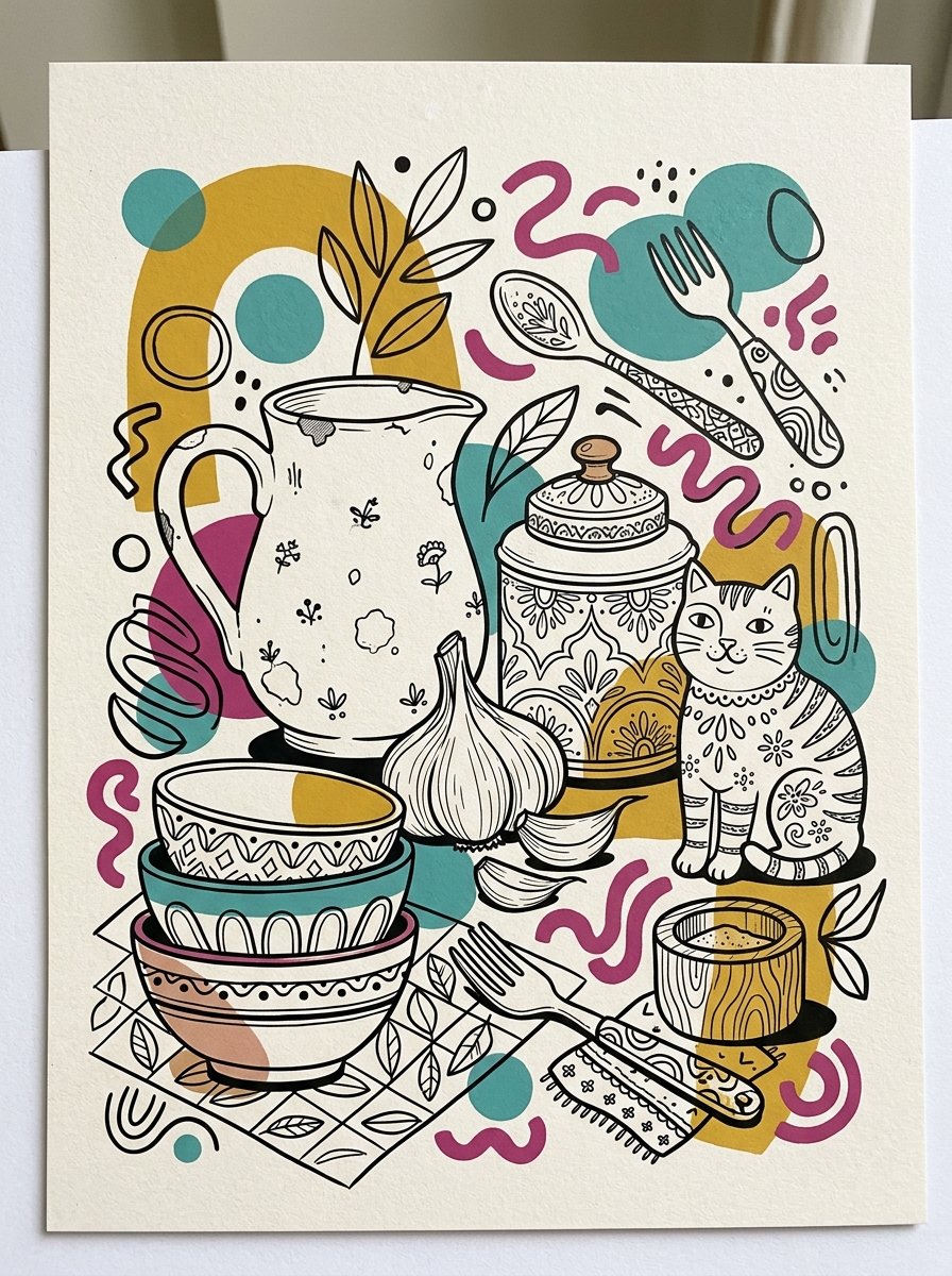 A dense fineliner still life of a jug, a tea caddy, garlic and stacked bowls over mustard, teal and magenta blocks