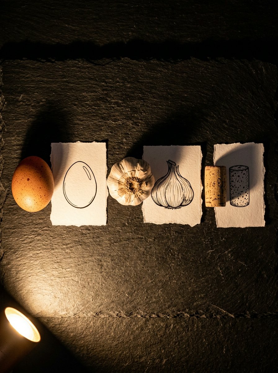 An egg, a garlic bulb and a cork beside their ink twins, showing what to draw in your sketchbook from one shelf