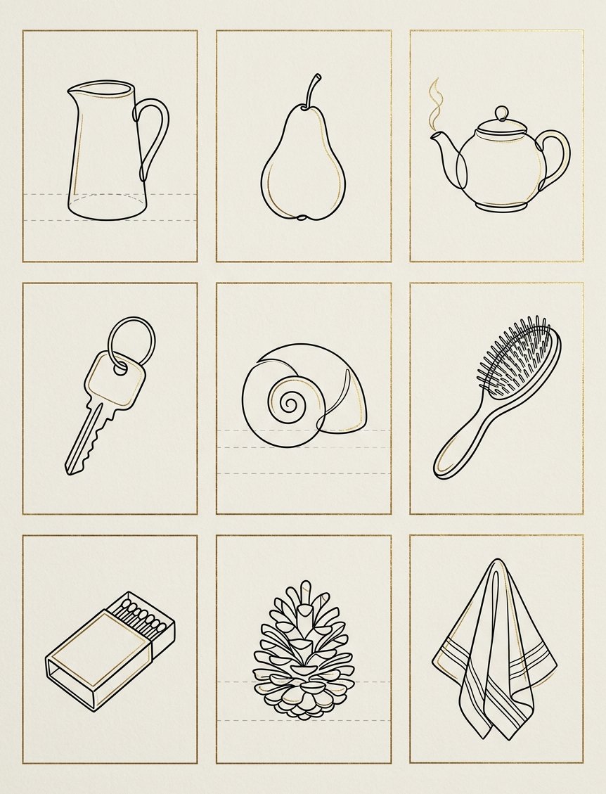 A 3x3 grid of household objects, each drawn in one continuous line on warm off-white paper