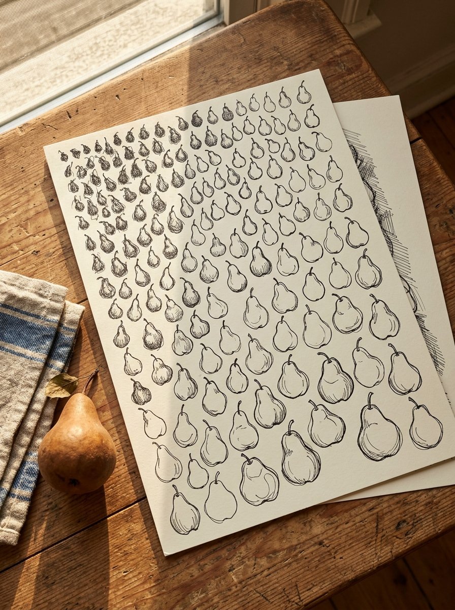 The same pear drawn over and over, the answer to what to draw in your sketchbook on a loosening-up evening