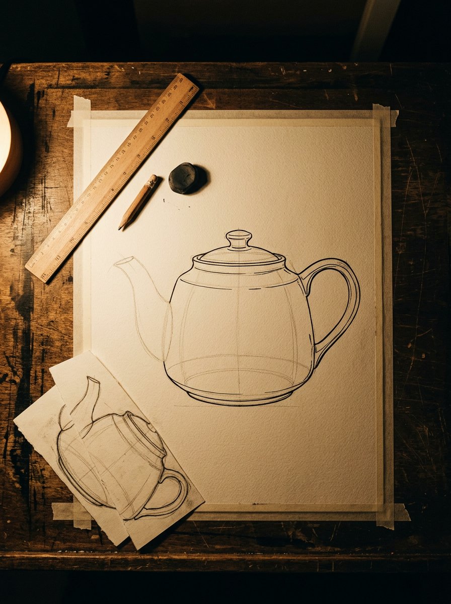 What to draw in your sketchbook when you want the build shown: a teapot half made from two shapes on a drafting board