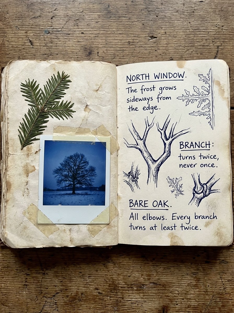 A winter field notebook spread with ink studies of the bare branch shapes behind good winter drawing ideas