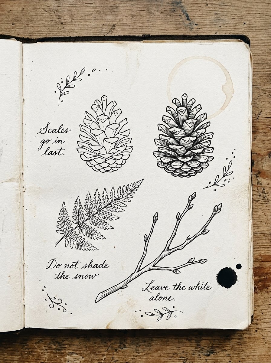 An artist journal page of winter drawing ideas with handwritten notes on frost, scales and bare wood