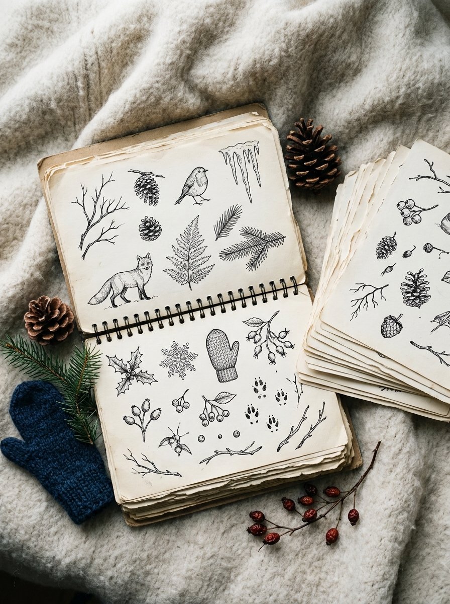 A thick sketchbook filled with winter drawing ideas in pen, open on wool with loose finished pages beside it