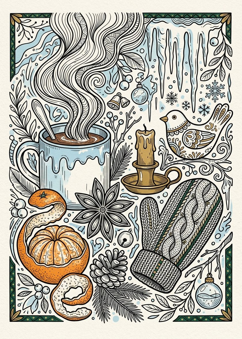 A winter still life of the table objects behind these 53 winter drawing ideas, drawn in ink with flat colour