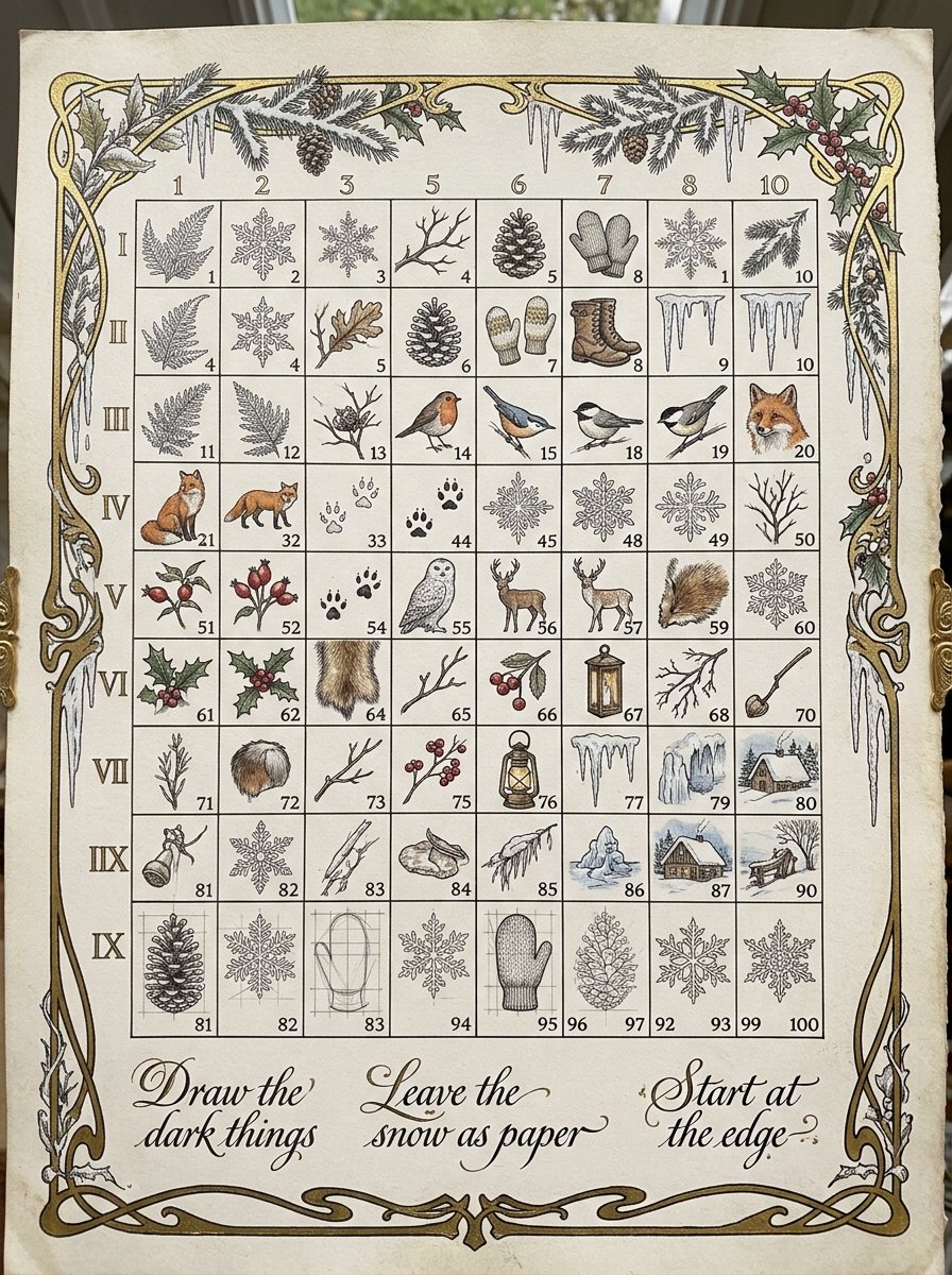 An encyclopedia plate of 100 small winter drawing ideas in ink, from frost ferns to bare branches