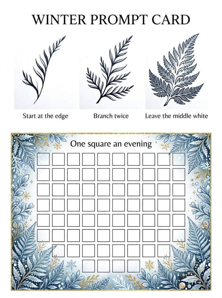 Free winter prompt card of winter drawing ideas: a 3-step frost fern and a grid to fill one square an evening