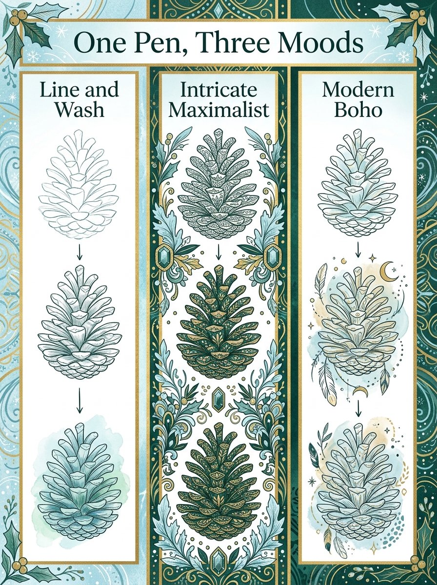 One pinecone drawn 3 ways, showing how winter drawing ideas change with the pen you pick up