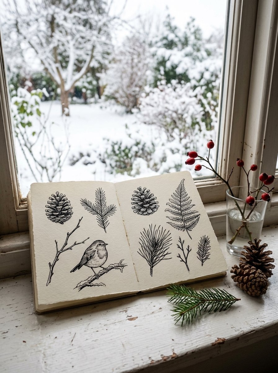 A winter windowsill sketchbook page of pen studies, with the real pinecones and bare stems beside it