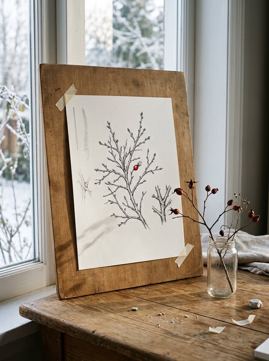 A drawing board at a winter window showing the 3 shapes under a bare oak branch finished in ink