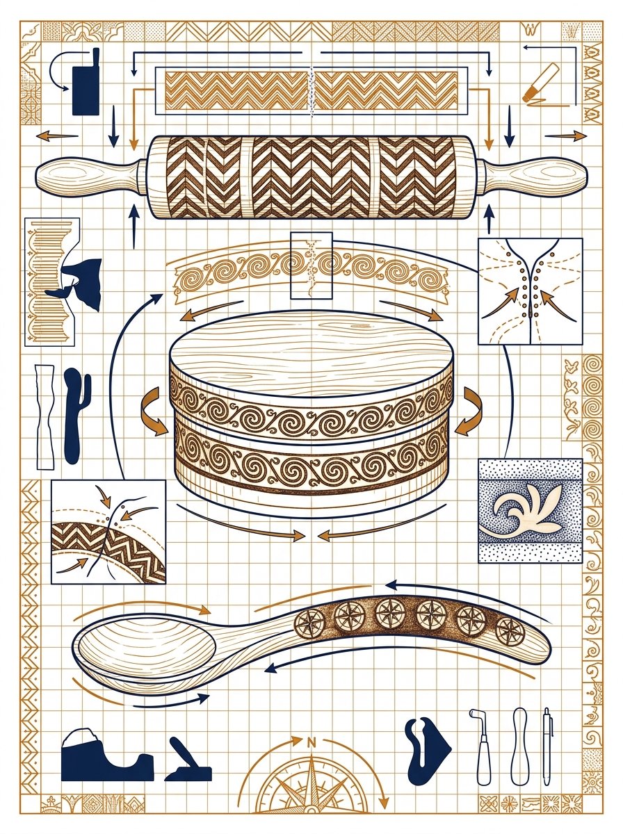 How a burned band wraps a spoon, a rolling pin and a box lid