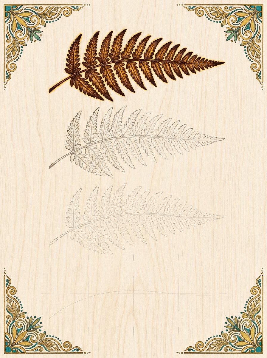 A fern frond fading from full burn to faint tracing lines