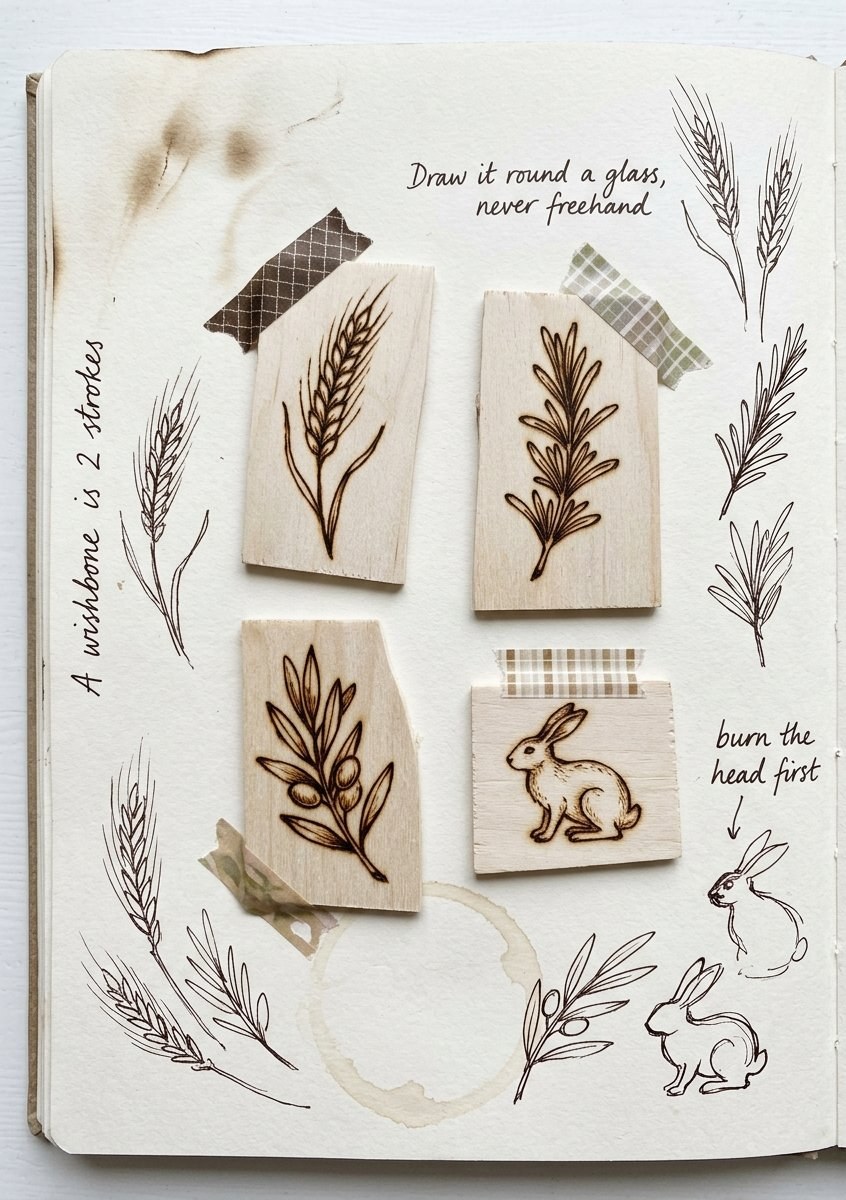 Wood burning patterns for beginners: a journal page of burned offcuts, wheat ear and hare in profile