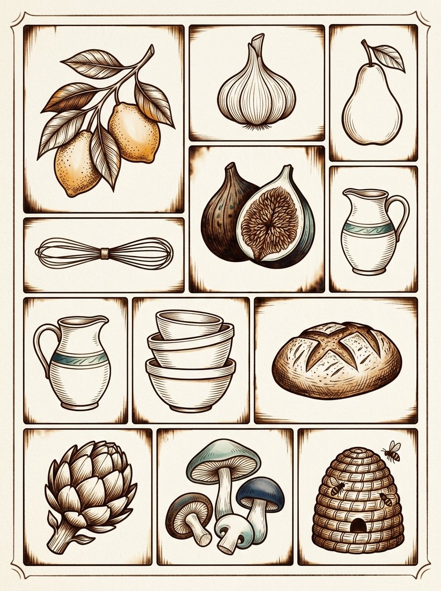 Wood burning patterns for beginners: a grid of burned kitchen boards, lemon branch to beehive skep