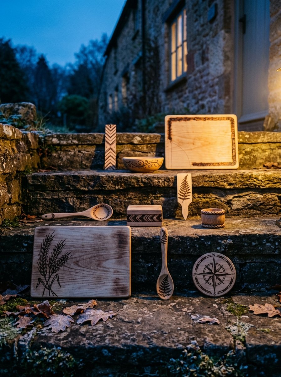 Burned boards, spoons and a compass-rose trivet set out on stone steps at dusk under a lit cottage window