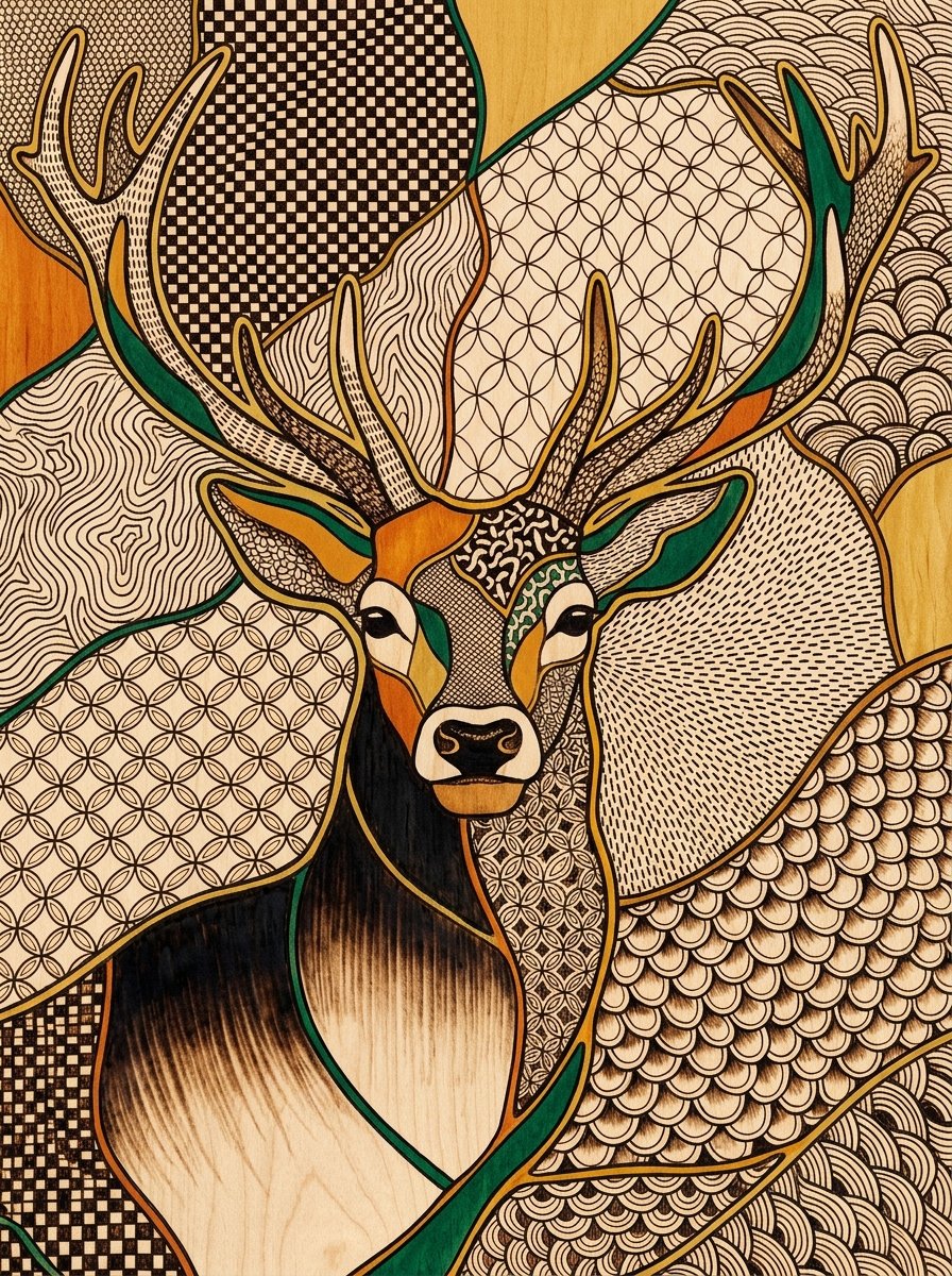 Wood burning patterns for beginners: a stag head split into burned fill textures