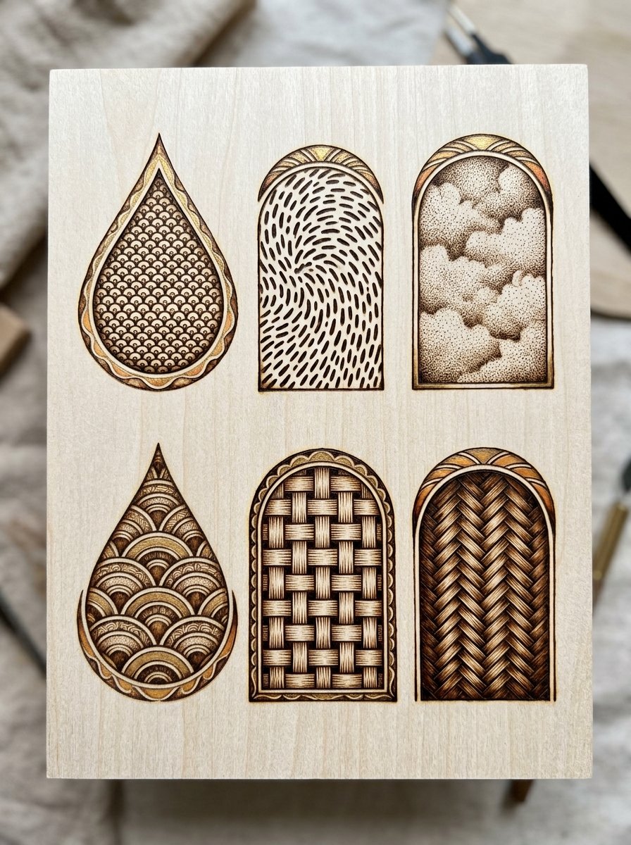 Wood burning patterns for beginners: burned fill textures inside arch shapes
