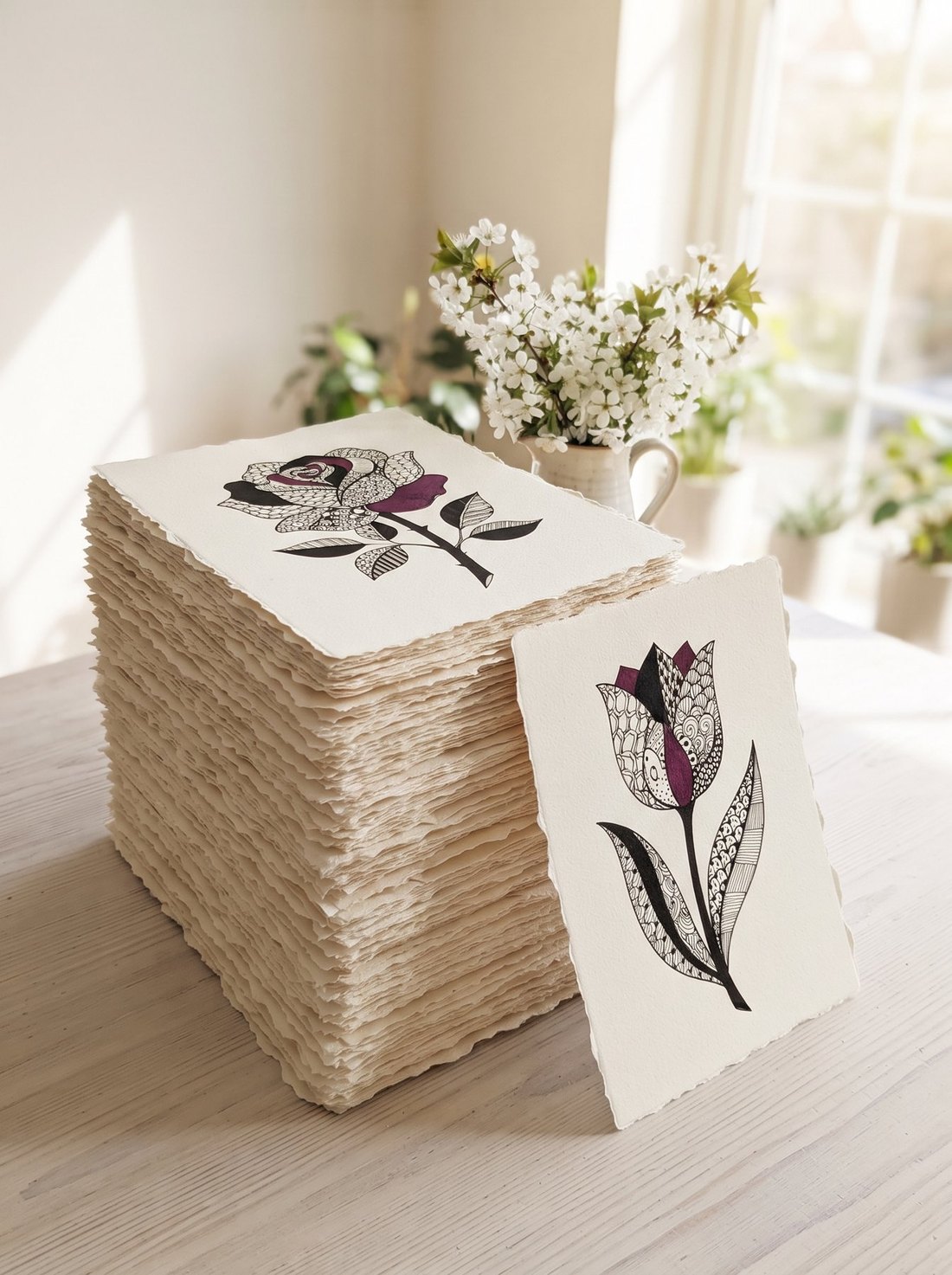 A tall stack of finished hand-drawn ink flower sheets beside a patterned tulip, on a sunlit table