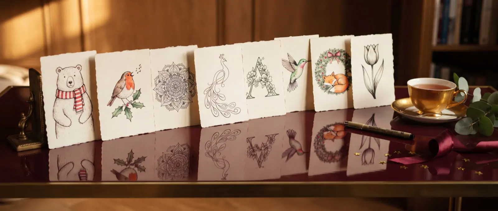 Finished drawing pages standing on a burgundy lacquer table