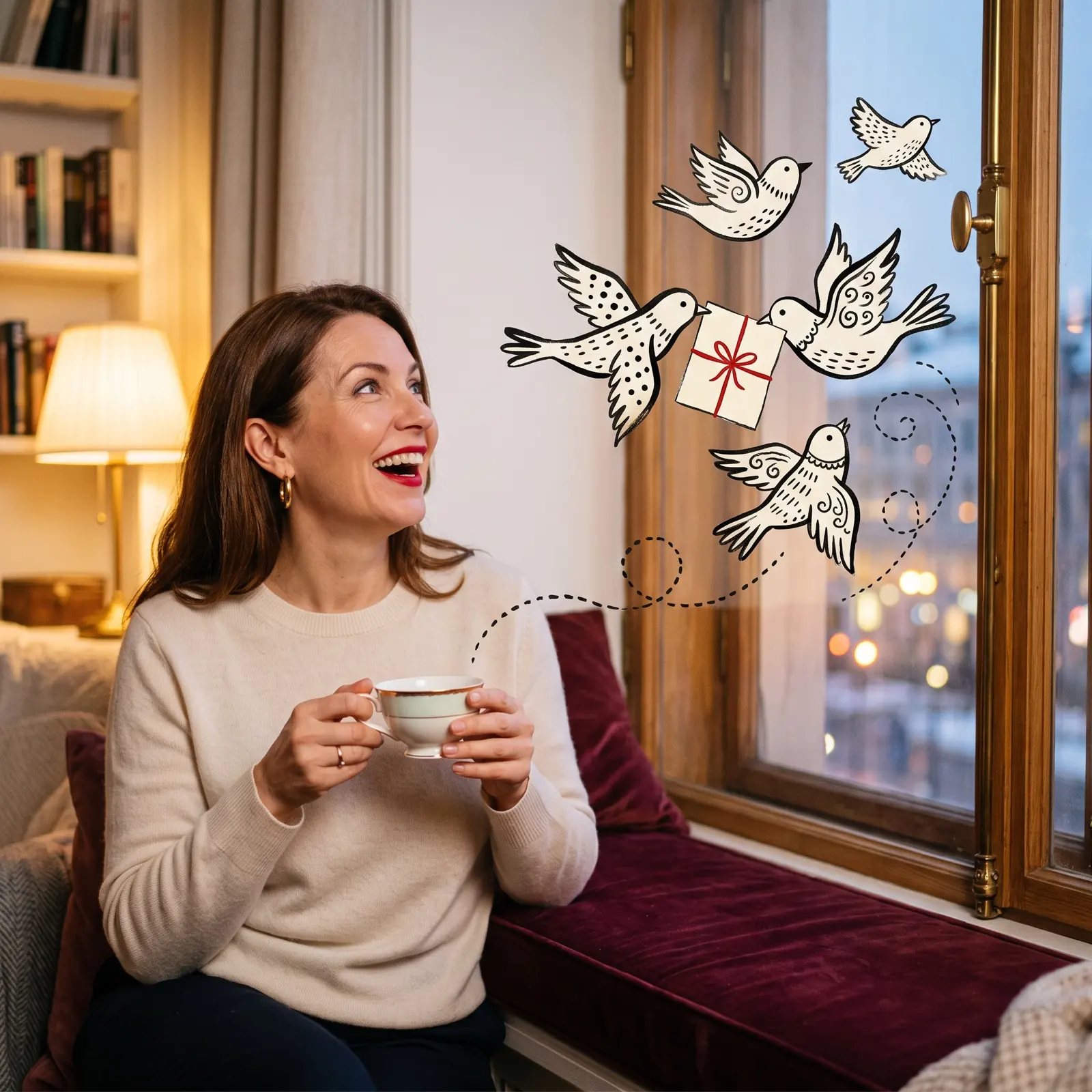 Hand-inked folk birds fly in through the window carrying a free drawing page to a delighted woman with her tea