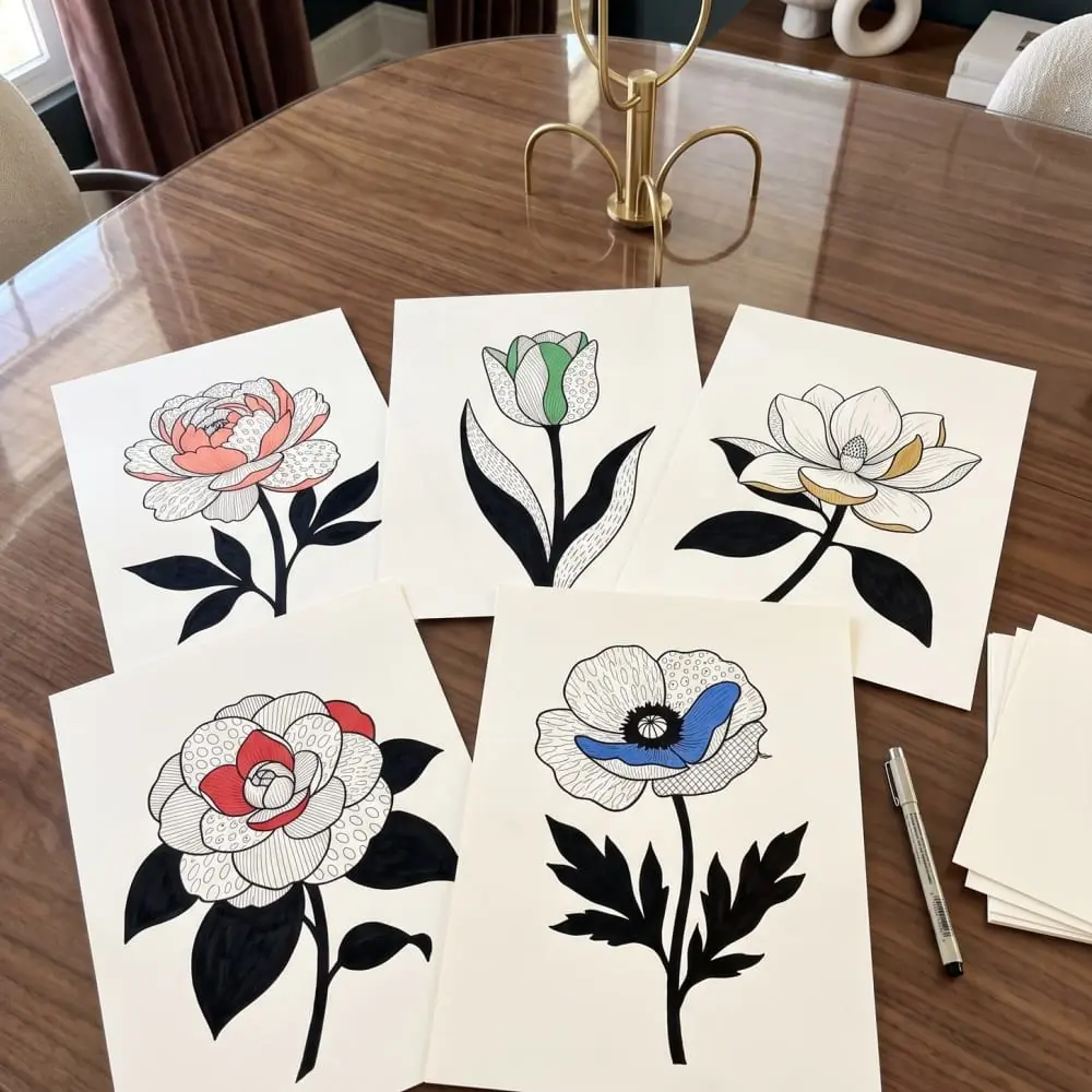 Bloom & Pattern flowers finished in black ink and one accent colour on a walnut table
