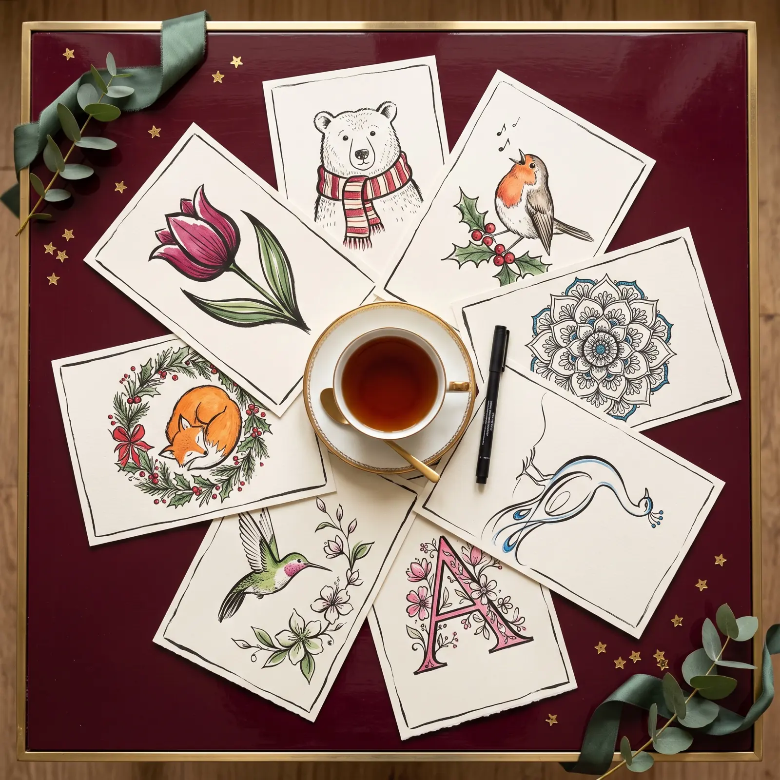 Eight finished pages in a circle around a cup of tea