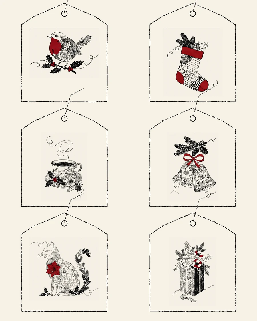 6 drawings shrunk onto gift tags
