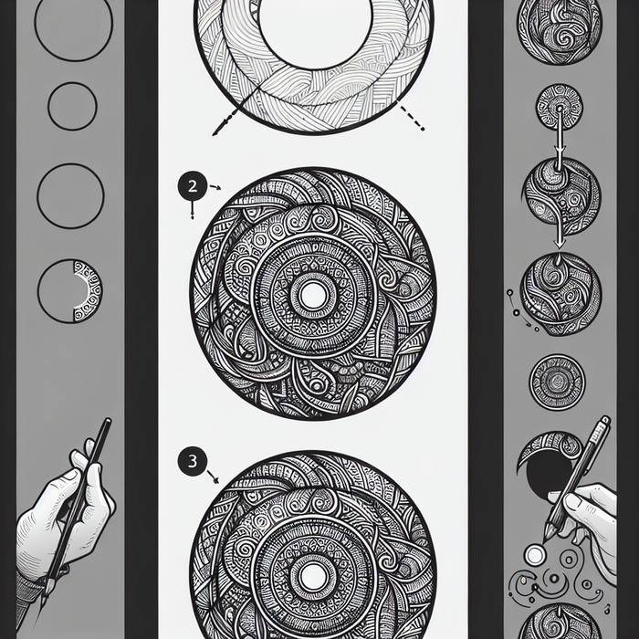 Four-step progression of creating a zen doodle, from circle to intricate pattern