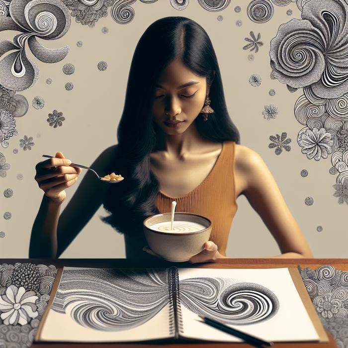 Woman finding zen doodle inspiration in cereal bowl